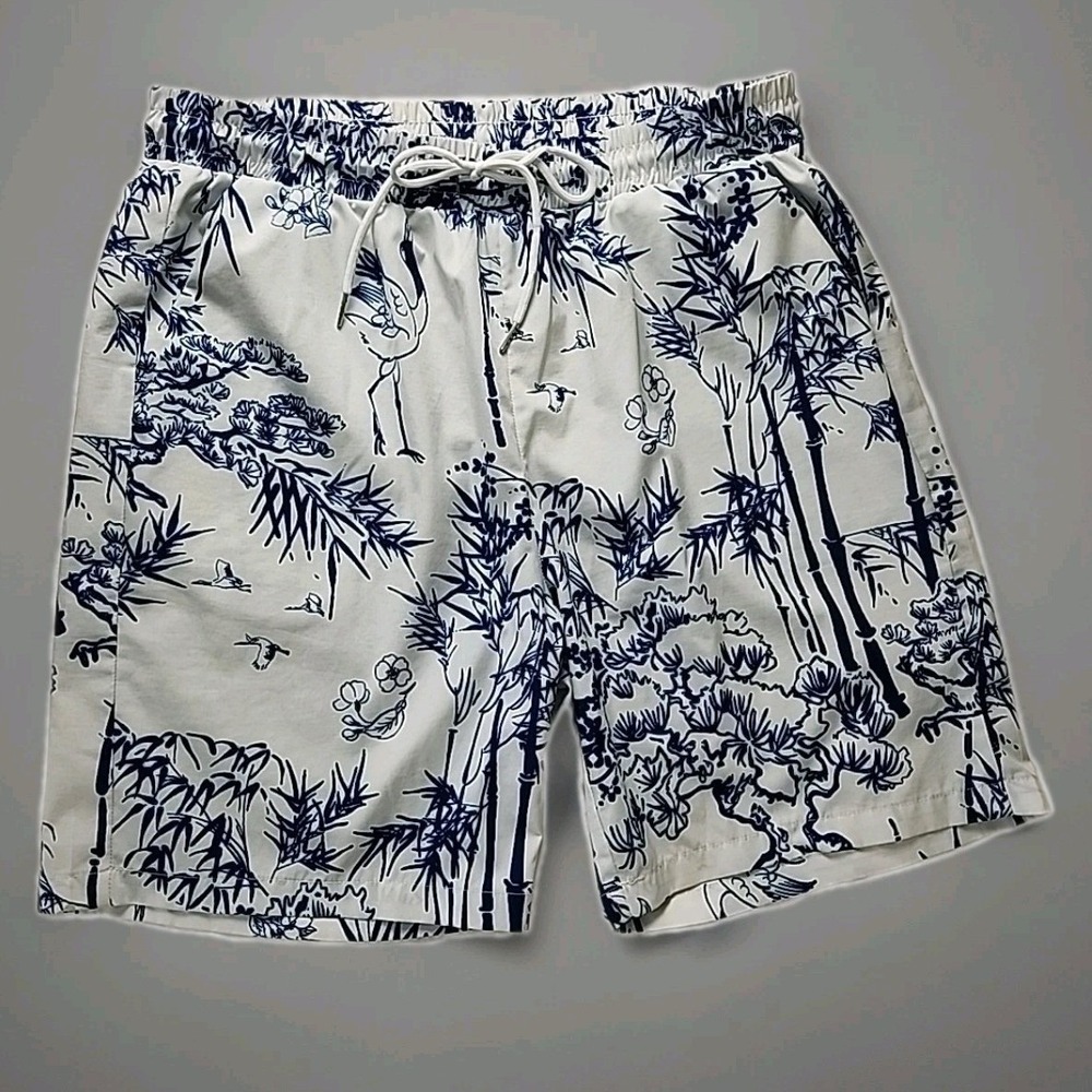 SHEIN Swim Trunks Board Shorts Men's 32W Large Blue & White Tropical Pockets EUC